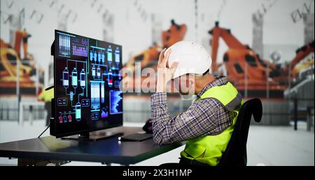 Unhappy Engineer Operator Using SCADA System At Industrial Plant Stock Photo