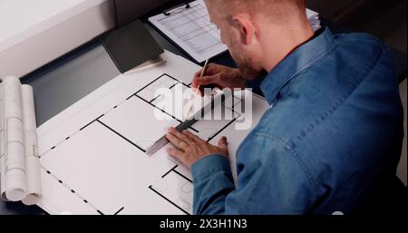 Architect Engineer Drawing Architectural Construction Plan In Office Stock Photo