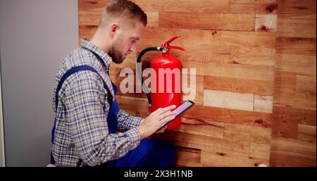 Fire Extinguisher By Handyman. Portable Extinguish Equipment Checking Stock Photo
