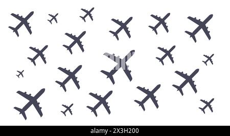 Planes pattern, aircraft are depicted flying in formation against a blank canvas, showcasing a unique pattern of airplane icons isolated on white Stock Vector