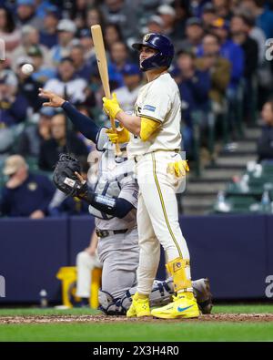 Milwaukee, WI, USA. 26th Apr, 2024. Milwaukee Brewers shortstop Willy Adames (27) at bat during the game between the Milwaukee Brewers and the New York Yankees at American Family Field in Milwaukee, WI. Darren Lee/CSM/Alamy Live News Stock Photo