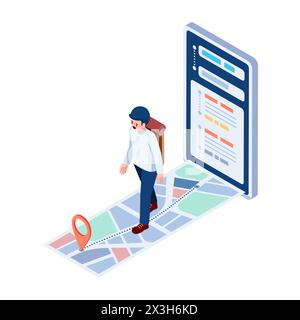 Flat 3d Isometric Traveler Walking on Gps Map Navigation. GPS and Navigation Concept Stock Vector