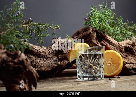 Gin-tonic cocktail with lemon on a old wooden table. In the background old snags and juniper branches. Stock Photo