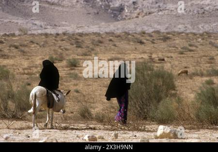 Bedouin  riding a donkey in the desert Stock Photo