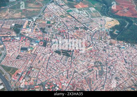 Flying over residential district of Seville, Andalusia Spain. European city view from above Stock Photo