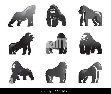 Creative black gorilla Silverback silhouette Set Collection Logo vector design symbol illustration Stock Vector