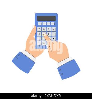 The person is holding a blue calculator and pressing the keys. Concept of using a calculator to perform mathematical calculations. Flat vector illustr Stock Vector