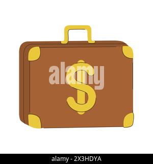 A brown suitcase with a dollar sign, an accessory made of leather, representing wealth and luxury. Flat vector illustration isolated on white backgrou Stock Vector