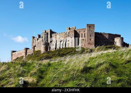 Bamburgh Castle - wide view looking north from landslide with foreground grasses. Stock Photo