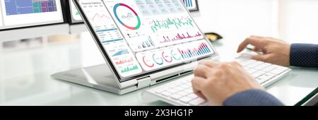 Man analyzing business data on company dashboard analytics. Stock Photo