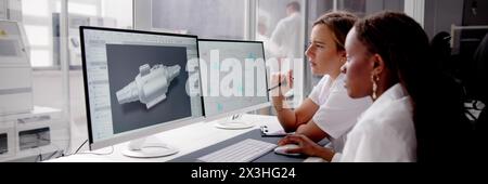 African American engineer using 3D computer to develop engineering skills Stock Photo