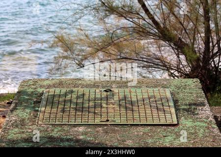 Heavy closed rectangular metal manhole cover with concrete foundation covered with thin layer of green moss with trees and sea in background on warm Stock Photo