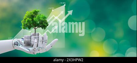 Robot hand holding Growing tree on coins with stock graph over Green ...