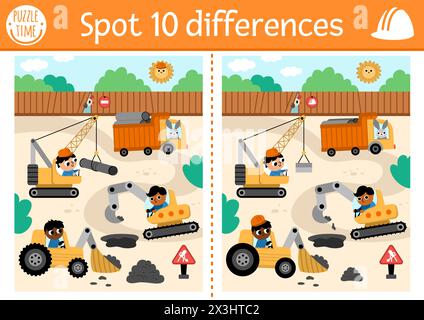 Find differences game for children. Educational activity with workers on vehicles repairing road. Cute puzzle for kids with funny builders. Printable Stock Vector