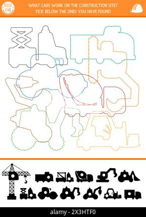 Construction site shadow, shape and line recognition activity with industrial vehicles. Building works puzzle with colored truck contours. Find correc Stock Vector