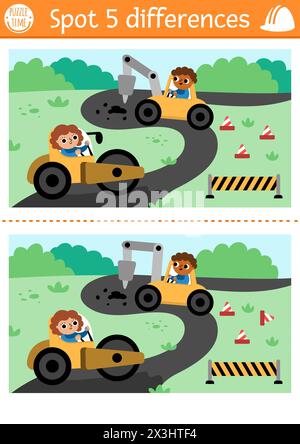 Find differences game for children. Educational activity with workers on vehicles repairing road. Cute puzzle for kids with funny builders. Printable Stock Vector