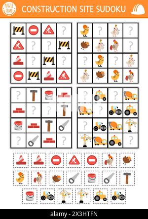 Vector construction site sudoku puzzle for kids with pictures. Simple building works quiz with cut and glue element. Education activity or coloring pa Stock Vector