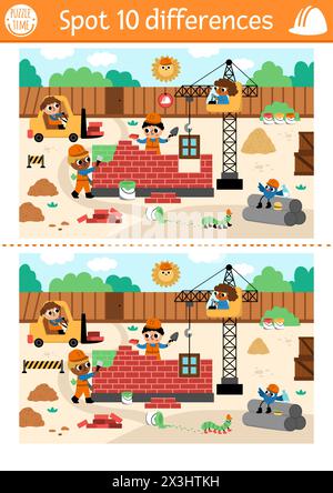 Find differences game for children. Educational activity with workers building brick wall. Cute puzzle for kids with funny builders. Printable workshe Stock Vector