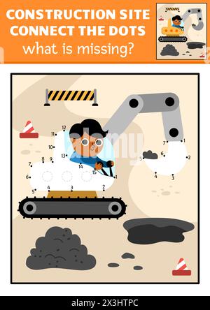 Vector dot-to-dot and color activity with excavator, colored construction site scene. Building works connect the dots game for children with industria Stock Vector