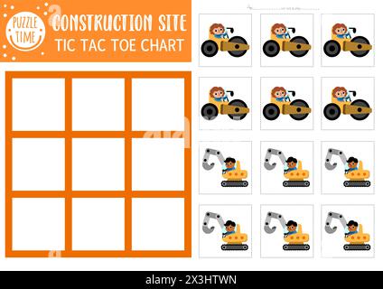 Vector construction site tic tac toe chart with rooster and hen workers ...