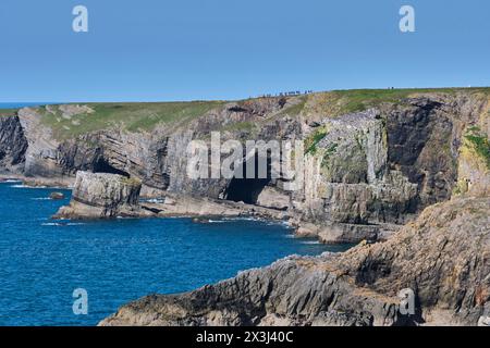 Looking back at the Green Bridge of Wales, Merrion, near Castlemartin, Pembrokeshire, Wales Stock Photo