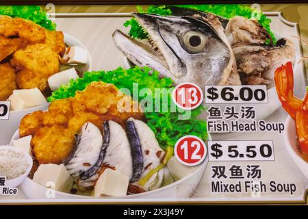 Asia, Singapore, Chinatown, Typical Food Court, Colourful Hawker Stall Food Menus Stock Photo