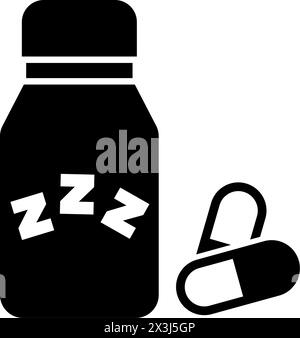 A black and white icon set depicting a sleeping pill bottle and a capsule, representing sleep aids and medications for improving rest and relaxation. Stock Vector