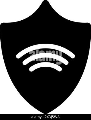 A simple black silhouette of a shield icon with wireless signal waves, representing the concept of online security and protection. Vector icon for web Stock Vector