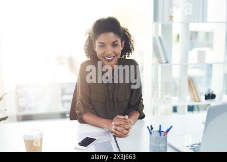 Happy, portrait and black woman with confidence for business advice, finance or insurance at office. Female person, accountant or financial advisor Stock Photo