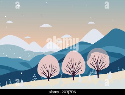 Winter landscape with snowy mountains and trees. Vector illustration in flat style. Stock Vector