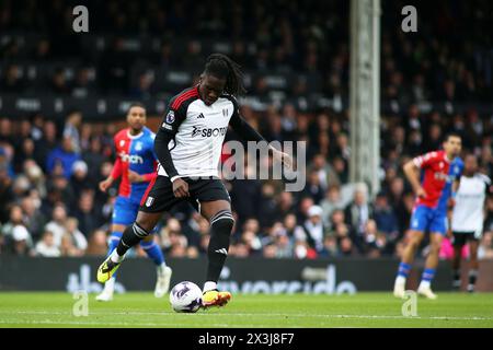 London, UK. 27th Apr, 2024. London, April 27th 2024: Calvin Bassey of Fulham set to clears the ball during the Premier League match between Fulham and Crystal Palace at Craven Cottage on April 27, 2024 in London, England. (Pedro Soares/SPP) Credit: SPP Sport Press Photo. /Alamy Live News Stock Photo