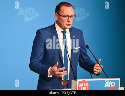 Donaueschingen, Germany. 27th Apr, 2024. Tino Chrupalla, AfD national spokesperson, speaks in the Donauhalle. The AfD starts its campaign for the European elections with a meeting. Credit: Bernd Weißbrod/dpa/Alamy Live News Stock Photo