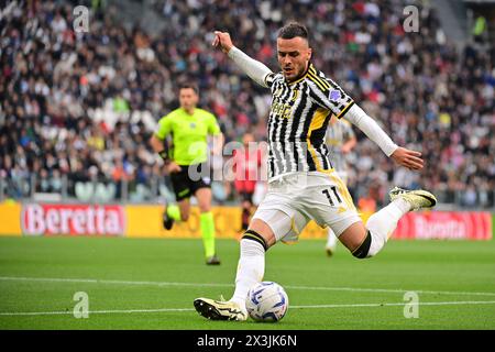 Torino, Italia. 27th Apr, 2024. Filip Kostic (Juventus FC); in action during the Serie A soccer match between Juventus and Milan at the Allianz Stadium in Torino, north west Italy - Saturday, April 27, 2024. Sport - Soccer . (Photo by Marco Alpozzi/Lapresse) Credit: LaPresse/Alamy Live News Stock Photo