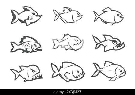 Creative Piranha Fish Collection Logo Design Illustration Stock Vector