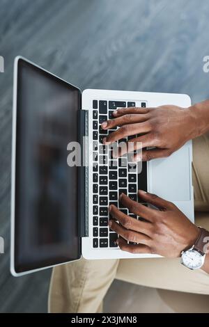 Hands, business man and typing code with web developer and small business with tech. Above, digital agency and computer with ux project with online Stock Photo
