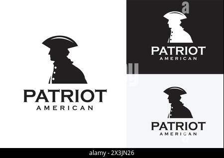 Classic American Patriot Silhouette Facing. United States Revolutionary War Army Soldier Vintage Illustration Design on black white background Stock Vector