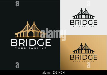 Illustration of the Golden Gate Bridge. San Francisco icon symbol on black background with white and gold Stock Vector