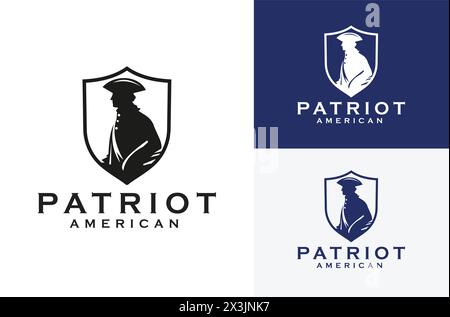 Silhouette of American Patriot Soldier in defense shield shape icon symbol design Vintage Illustration Design Stock Vector