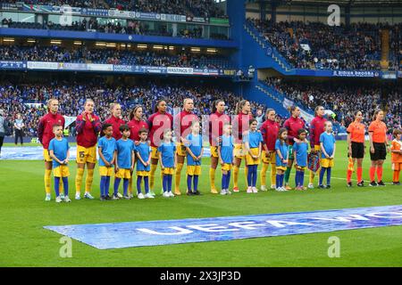 27th April 2024; Stamford Bridge, London, England: UEFA Womens Champions League Football, Semi Final, Second Leg, Chelsea versus Barcelona; Barcelona starting line up with their players mascots. Stock Photo