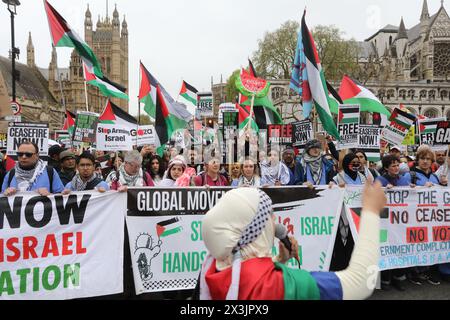 London, UK, 27th April 2024. The National March for Palestine drew approximately 100 000 people, marching from Parliament Square to Hyde Park, calling for a ceasefire in Gaza and to stop arming Israel. Leading the march were medics and also attending were Michelle O'Neil, first minister of Northern Ireland and Stephen Kapos, a holocaust survivor and his family. Credit : Monica Wells/Alamy Live News Stock Photo