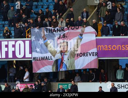 The Den, Bermondsey, London, UK. 27th Apr, 2024. EFL Championship Football, Millwall versus Plymouth Argyle; Millwall fans unveil a banner of former Millwall owner John Berylson who tragically died in a car accident on 5th Jul 2023 Credit: Action Plus Sports/Alamy Live News Stock Photo