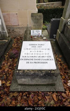 Paris, France, November 11, 2023. The grave of the German photojournalist Gerda Taro (Gerta Pohorylle, 1910-1937), in the 97th division of the Pere-Lachaise cemetery. ©Isabella De Maddalena/opale.photo Stock Photo