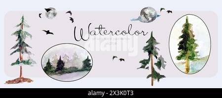Set with watercolor forest, moon illustration.Vector illustration, pine, moon, birds, forest landscape, Elements for a postcard. Watercolor sticks Stock Vector
