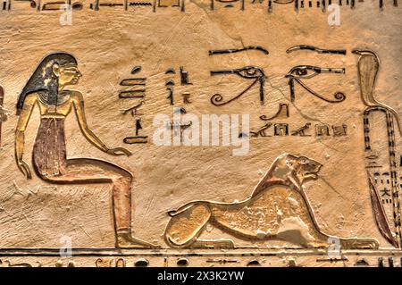 Reliefs, Tomb of Ramses V & VI, KV9, Valley of the Kings, UNESCO World Heritage Site, Luxor, Egypt Stock Photo