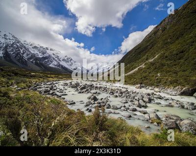 Exploring the breathtaking Hooker Valley track with snow-capped mountains in New Zealand, where nature's beauty knows no bounds Stock Photo