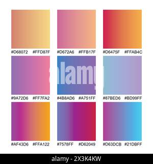 Gradient collection, shiny rainbow hologram. Holographic foil texture, blue, yellow, pink gradation. Catalog of samples palettes in RGB HEX. Vector Stock Vector