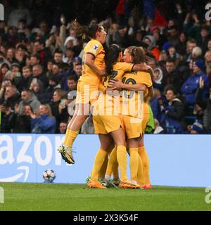 London, UK. 27th Apr, 2024. Fridolina Rolfš of Barcelona Women scores from the penalty spot to make the score 0-2 and celebrates during the Womens Champions League Semi Final Second Leg match between Chelsea Women and Barcelona Women at Stamford Bridge, London, England on 27 April 2024. Photo by Ken Sparks. Editorial use only, license required for commercial use. No use in betting, games or a single club/league/player publications. Credit: UK Sports Pics Ltd/Alamy Live News Stock Photo
