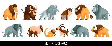 Set of isolated primitive animals, antediluvian beasts of the Stone Age. Elephant, mammoth, buffalo, bull, bison, saber tooth, wild cat, ram and goat Stock Vector