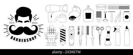 Set of black line icons of elements for hairdressing salon. Hair clipper, combs, scissors, hair dryer, razor, perfume, barbershop supplies, vector Stock Vector