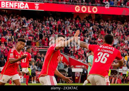 Lisbon, Portugal. 27th Apr, 2024. Lisbon, Portugal, April 27 2024: Marcos Leonardo (36 SL Benfica) celebrates his goal with Antonio Silva (4 SL Benfica) during the Liga Portugal game between SL Benfica and SC Braga at Estadio da Luz in Lisbon, Portugal. (Pedro Porru/SPP) Credit: SPP Sport Press Photo. /Alamy Live News Stock Photo